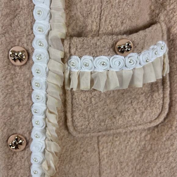 Coquette Blush Lace Trim Coat S Bow Buttons Pearl Detail Korean Made Jacket Amy - Picture 7 of 12
